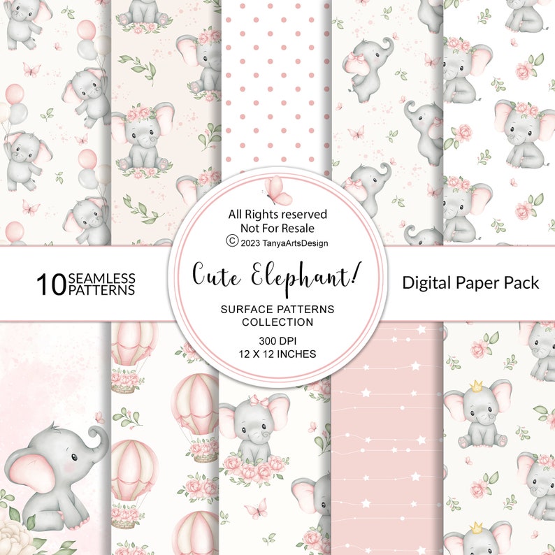 May include: A digital paper pack with 10 seamless patterns featuring cute watercolor illustrations of elephants with pink flowers, butterflies, and hot air balloons. The patterns are perfect for scrapbooking, card making, and other craft projects. All rights reserved. Not for resale. &copy; 2023 TanyaArtsDesign.