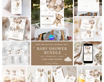 Bewerkbare teddybeer babyshower uitnodiging bundelpakket, boho en goud we kunnen het niet lang wachten uitnodigen, neutrale bruine beer babyshower decor, canvas