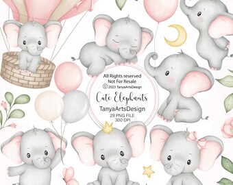 elephant clipart, watercolor baby elephants illustration, cute elephant with crown, nursery elephant print, pink baby elephant sleeping PNG