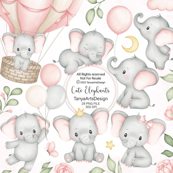 elephant clipart, watercolor baby elephants illustration, cute elephant with crown, nursery elephant print, pink baby elephant sleeping PNG