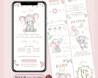 Little Peanut Baby Shower Invitation Animated, Editable Pink Elephant Girl Baby Shower Video Invite with Online RSVP Tracker, (Canva)