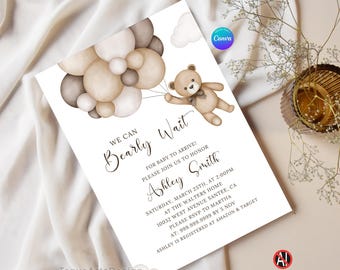 Editable Teddy Bear Baby Shower Invitation, Neutral Gender Bear Baby Shower Decor, We Can Bearly Wait, Canva Printables (Editable Template)