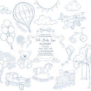 Toile de jouy chá de bebê clipart, Toile bebê Menino brinquedo clipart, urso de pelúcia, balão de ar quente, vintage, lineart brinquedo de bebê, SVG, ilustração PNG