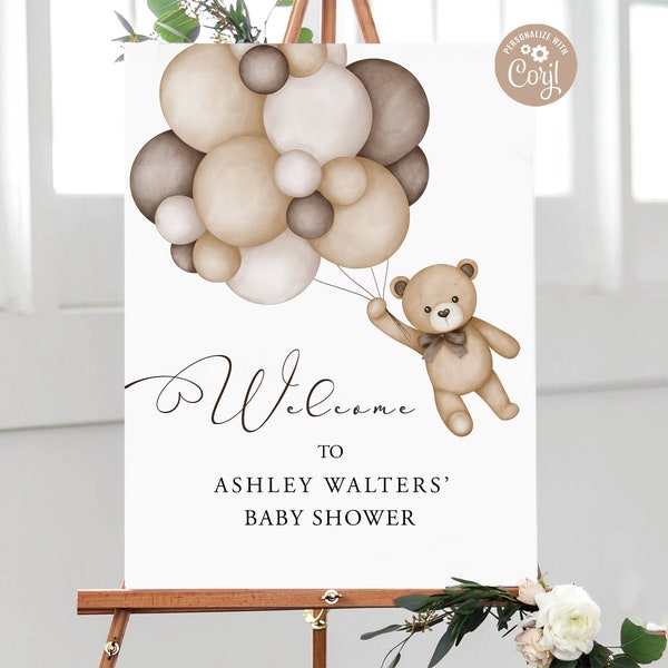 Teddy bear baby shower welcome sign, boho bear balloons sign, editable bearly welcome sign, text massage invitation, we can bearly wait
