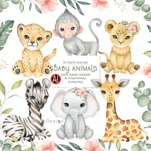 Watercolor Safari Jungle Animals Clipart PNG, Hand-drawn Baby Animals, Leopard, Cheetah, Elephant, Monkey, Zebra, Lion, Wild One Nursery Art