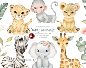 Watercolor Safari Jungle Animals Clipart, Baby Animals, Leopard, Cheetah, Elephant, Monkey, Zebra, Lion, Wild One Nursery Art, Hand-drawn