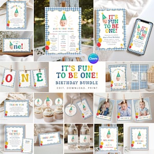 May include: A collection of birthday party supplies with a blue gingham pattern. Items include invitations, thank you cards, cupcake toppers, water bottle labels, and a banner that reads "ONE". The theme is "It's Fun to be One!"