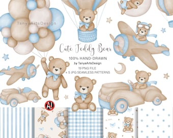 Watercolor Teddy bear clipart for boy, baby shower clipart PNG, blue Teddy bear clipart, Handmade vintage teddy bear, cute teddy Pattern