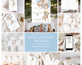 Editable Blue Teddy Bear Baby Shower Invitation Bundle, We Can Bearly Wait Boy Invite Set, Dusty Blue Baby Boy Shower Decor, Canva (Digital)