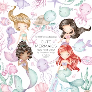 Little mermaid clipart, cute baby under the sea animals clipart, watercolour mermaid clipart, mermaid tail, baby mermaid illustrations