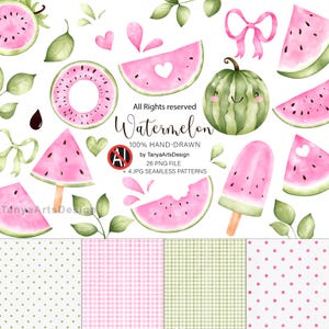 Hand-drawn Watercolour Watermelon Clipart, One in a Melon Birthday PNG, Summer Fruit illustrations, Sweet Pink Watermelon (Digital Download)