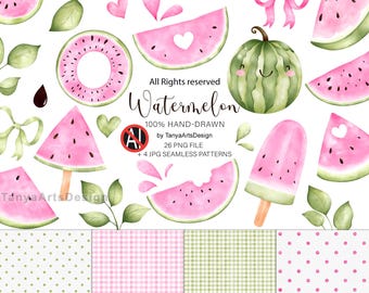 Hand-drawn Watercolour Watermelon Clipart, One in a Melon Birthday PNG, Summer Fruit illustrations, Sweet Pink Watermelon (Digital Download)
