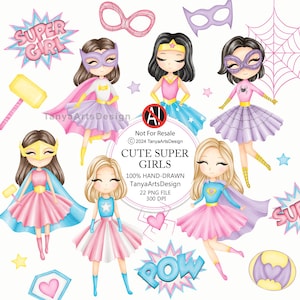 Super Girl Clipart, Mädchen Superheld PNG, Aquarell Superhero Girls, Power Girl, kleine Heldin Party, Pink und Lila Super Girl, Pastell