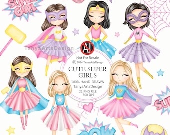 Super Girl clipart, Hand-drawn Pastel Power Girl PNG, Watercolor Superhero, Handmade Little Heroine Party, Pink and Purple Super Girl