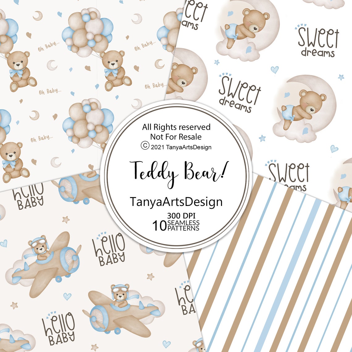 Blue Teddy Bear Digital Paper, Watercolor Seamless Patterns (digital ...