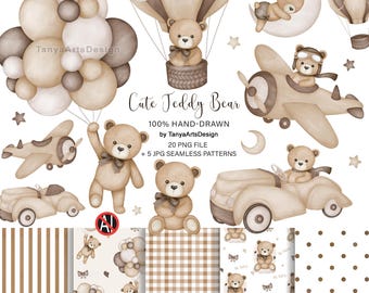Watercolor Teddy bear clipart PNG, vintage baby shower clipart, Boho little bear, We can bearly wait, Seamless pattern Hand-drawn