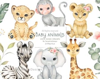 Watercolor Safari Jungle Animals Clipart, Baby Animals, Leopard, Cheetah, Elephant, Monkey, Zebra, Lion, Wild One Nursery Art, Hand-drawn