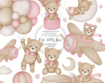 Watercolor Teddy bear clipart for girl, Watercolor baby shower clipart, Pink Teddy bear clipart, vintage teddy bear, cute teddy clipart