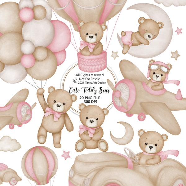 Watercolor Teddy bear clipart for girl, Watercolor baby shower clipart, Pink Teddy bear clipart, vintage teddy bear, cute teddy clipart