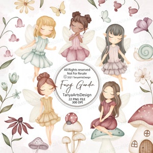 Fairy garden watercolor clipart, cute watercolor fairy clipart, enchanted forest digital download, PNG, Boho fairy planner stickers