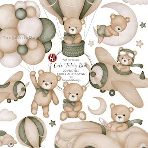 Peut inclure: Illustrations à l'aquarelle d'ours en peluche dans diverses scènes, dont une montgolfière, un avion et une voiture. Les ours sont brun clair avec des nœuds verts. L'image comprend le texte "Cute Teddy Bear" et "100% HAND-DRAWN".