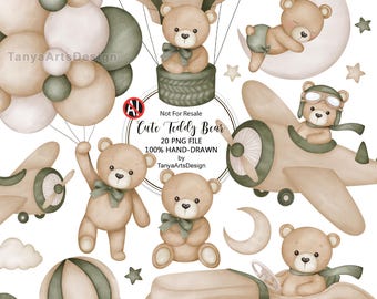 May include: Watercolor illustrations of teddy bears in various settings, including a hot air balloon, airplane, and car. The bears are light brown with green bows, and the image includes the text "Cute Teddy Bear" and "100% HAND-DRAWN".