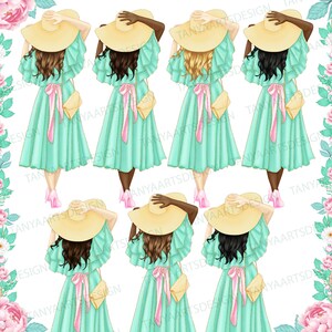 K&ouml;nnte beinhalten: Sieben Illustrationen von Figuren von hinten gesehen, jede mit einem breitkrempigen Strohhut, einem ger&uuml;schten mintgr&uuml;nen Midikleid mit rosa Taillenband und rosa Abs&auml;tzen. Jede Figur tr&auml;gt eine kleine beige Umh&auml;ngetasche, mit verschiedenen Haarfarben.