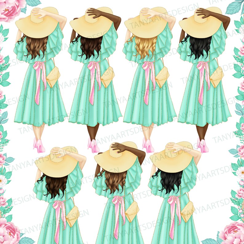 K&ouml;nnte beinhalten: Sieben Illustrationen von Figuren von hinten gesehen, jede mit einem breitkrempigen Strohhut, einem ger&uuml;schten mintgr&uuml;nen Midikleid mit rosa Taillenband und rosa Abs&auml;tzen. Jede Figur tr&auml;gt eine kleine beige Umh&auml;ngetasche, mit verschiedenen Haarfarben.