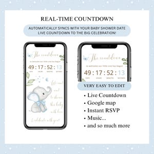May include: Two smartphones displaying a baby shower countdown. The screens show an elephant graphic, text, and a countdown timer. Additional text highlights features like a live countdown and Google map integration.