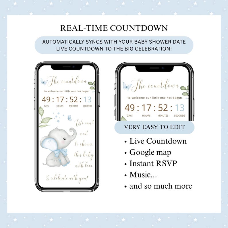 May include: Two smartphones displaying a baby shower countdown. The screens show an elephant graphic, text, and a countdown timer. Additional text highlights features like a live countdown and Google map integration.