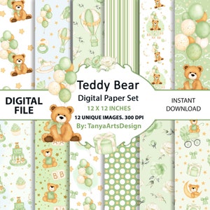 Set di carta digitale Teddy Bear, carta digitale per neonato, modello digitale per baby shower, confezione di carta per neonato orsetto per asilo nido verde senza soluzione di continuità