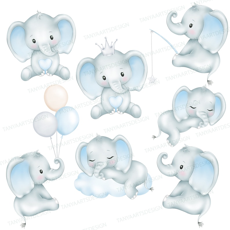 Puede incluir: Una colecci&oacute;n de ilustraciones digitales que muestran elefantes beb&eacute;s de color azul claro en varias poses, incluyendo sentados con un coraz&oacute;n, usando una corona, sosteniendo globos, durmiendo en una nube y jugando con una varita de estrella.