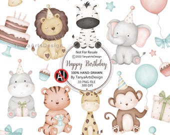 Cute Boho Pastel Safari Animals Clipart, Hand-Drawn Sitting Baby Jungle Animals With Birthday Hats, Neutral Wild One Nursery Art PNG Digital