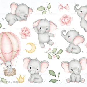 Puede incluir: Una colecci&oacute;n de ilustraciones digitales que presenta elefantes grises con orejas rosas, un globo aerost&aacute;tico de rayas rosas y blancas, flores rosas, hojas verdes, una luna creciente amarilla, una corona amarilla, un lazo rosa y una peque&ntilde;a estrella amarilla.