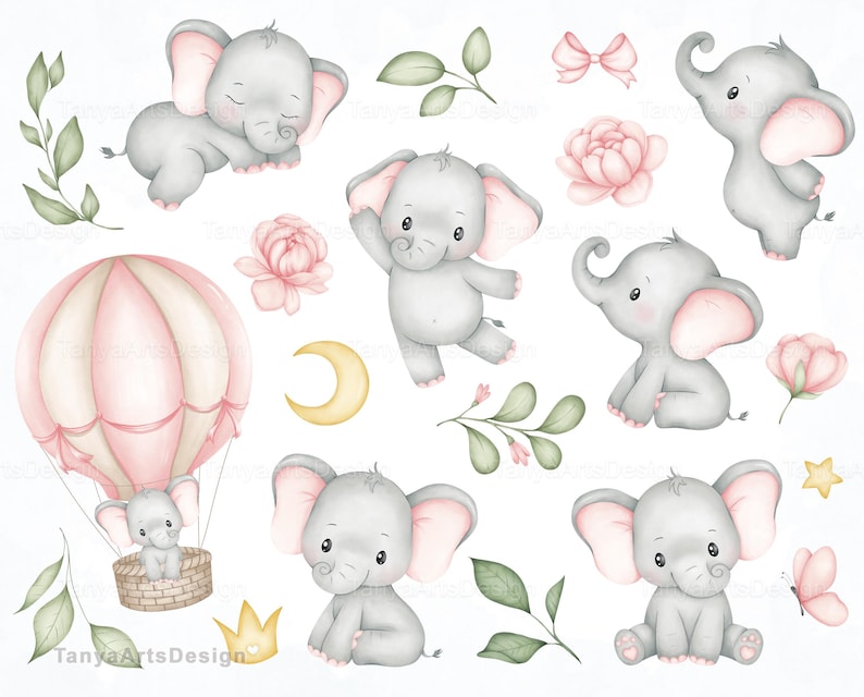 Puede incluir: Una colecci&oacute;n de ilustraciones digitales que presenta elefantes grises con orejas rosas, un globo aerost&aacute;tico de rayas rosas y blancas, flores rosas, hojas verdes, una luna creciente amarilla, una corona amarilla, un lazo rosa y una peque&ntilde;a estrella amarilla.