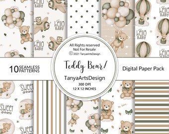 green teddy bear digital paper, watercolor teddy bear seamless, nursery baby paper, boho teddy bear fabric, greenery teddy bear scrapbook