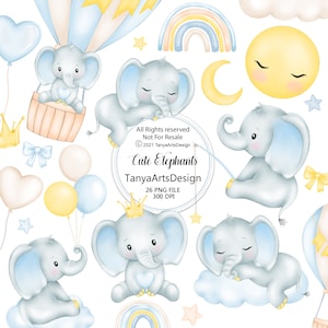 Cute elephant clipart, watercolor baby boy elephant illustration, cute elephant with crown, nursery elephant, blue baby elephant PNG