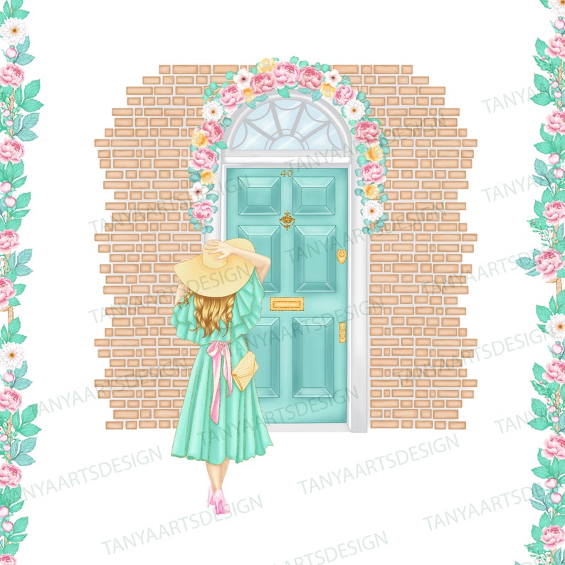 K&ouml;nnte beinhalten: Eine digitale Illustration einer Person in einem hellgr&uuml;nen Kleid und Strohhut vor einer hellblauen T&uuml;r mit goldenem T&uuml;rklopfer und Griff. Die T&uuml;r ist in eine beigefarbene Ziegelwand eingelassen und von einem Blumenbogen aus rosa und gelben Bl&uuml;ten umrahmt.
