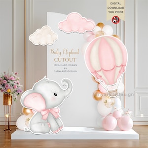 Utklippta elefanter för babyshowerdekoration, Little Peanty festdekor, rosa elefant babyshower-rekvisita för flickor (digital nedladdning)