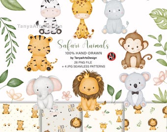 May include: A digital collection of watercolor safari animals including a zebra, giraffe, rhino, tiger, monkey, elephant, lion, and koala, with four seamless patterns featuring the text Safari Animals 100% HAND-DRAWN by TanyaArtsDesign.