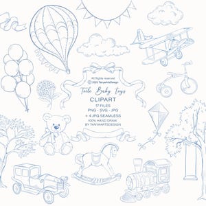 Toile de jouy chá de bebê clipart, Toile bebê Menino brinquedo clipart, urso de pelúcia, balão de ar quente, vintage, lineart brinquedo de bebê, SVG, ilustração PNG