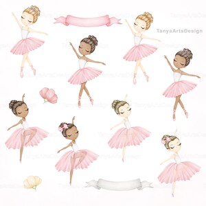 May include: A collection of watercolor illustrations featuring seven ballerinas in white leotards and pink tulle tutus, two pink flowers, and two decorative banners. The ballerinas have various hairstyles and poses, with some wearing tiaras.