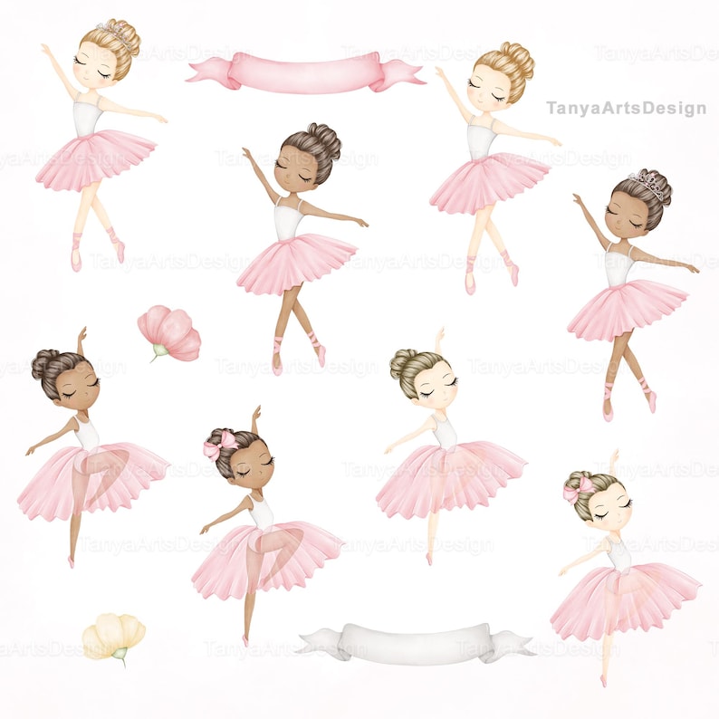 May include: A collection of watercolor illustrations featuring seven ballerinas in white leotards and pink tulle tutus, two pink flowers, and two decorative banners. The ballerinas have various hairstyles and poses, with some wearing tiaras.