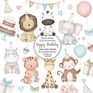 Watercolor safari animals clipart, cute baby safari animals clipart PNG, jungle clipart, animals birthday party clipart, instant download