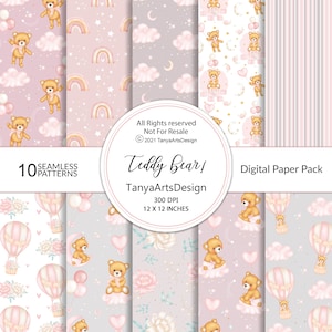 Set di carta digitale Teddy Bear, carta digitale per bambina, modello digitale per baby shower, confezione di carta per bambina Sfondo digitale per asilo nido rosa