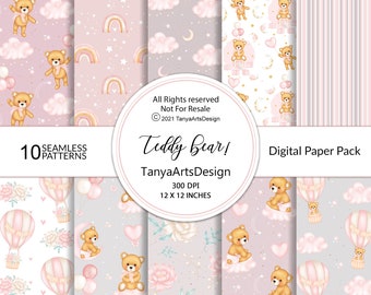 Papel digital de osito de peluche para habitación de bebé niña (descarga digital)