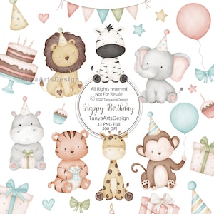Imágenes prediseñadas de animales de safari de acuarela, lindos animales de safari bebé clipart PNG, imágenes prediseñadas de la selva, imágenes prediseñadas de fiesta de animales de cumpleaños, descarga digital