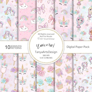unicorn digital paper, rainbow seamless patterns, unicorn head digital pack, Cute digital paper, nursery wallpaper, Cute girls digital pack