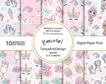 unicorn digital paper, rainbow seamless patterns, unicorn head digital pack, Cute digital paper, nursery wallpaper, Cute girls digital pack