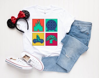 Four Parks Pop Art Unisex T-Shirt | Disney Shirt | Disney World Shirt | Disney Park Icons | Park Hopper | Castle | Spaceship Earth | Cute